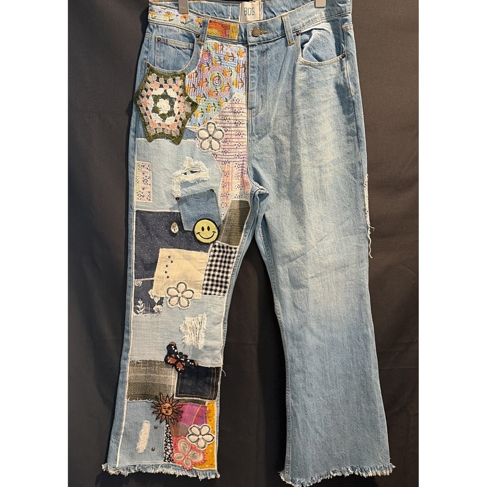 Urban Outfitters BDG Flare Jeans Size 31 Patchwork High Rise Raw Hem Boho Hippie